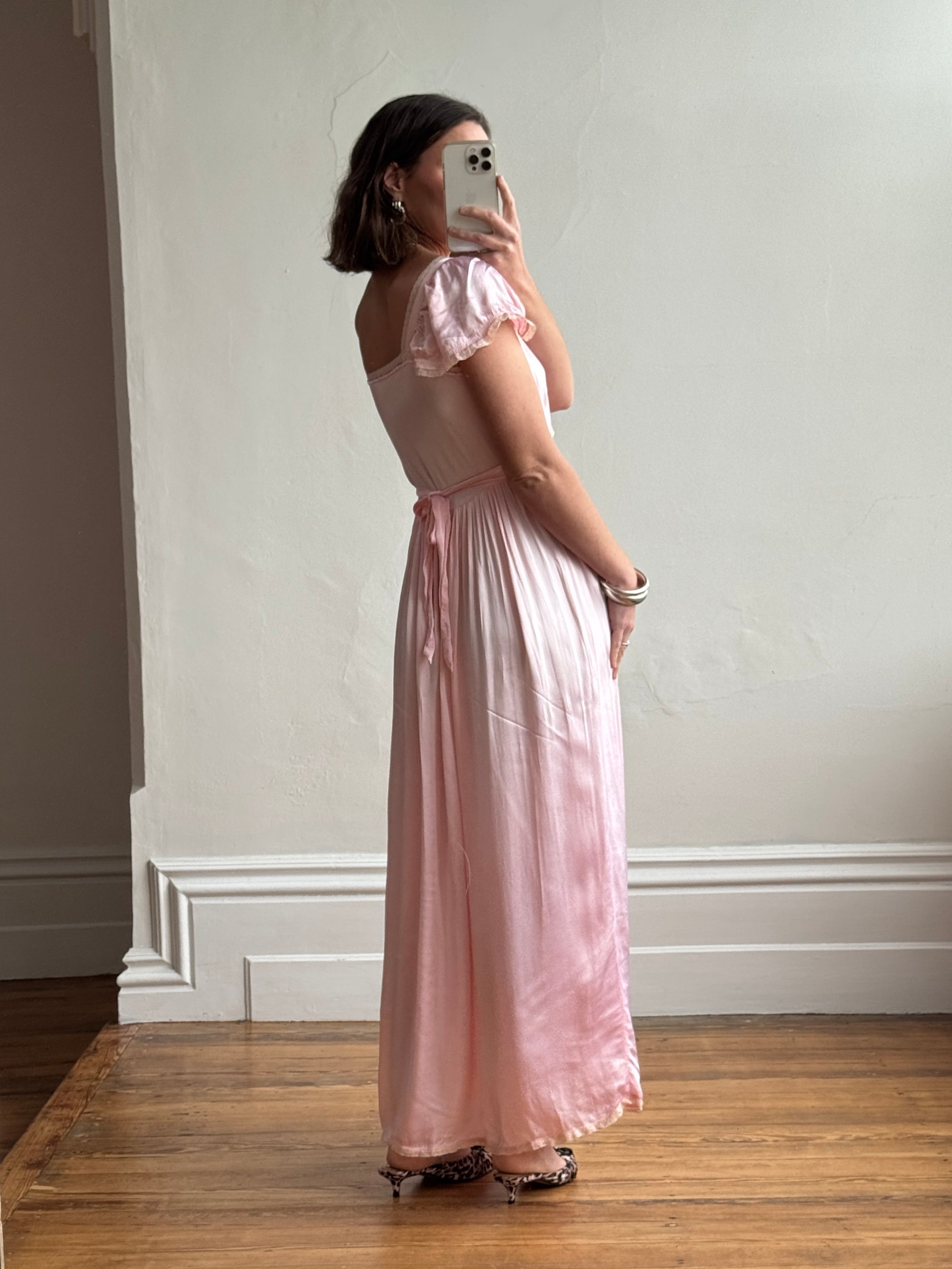 Vintage 30s Baby Pink Liquid Satin Slip with Creme Lace Trim