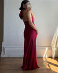 Vintage 90s Crimson Satin Ruched Bias Gown