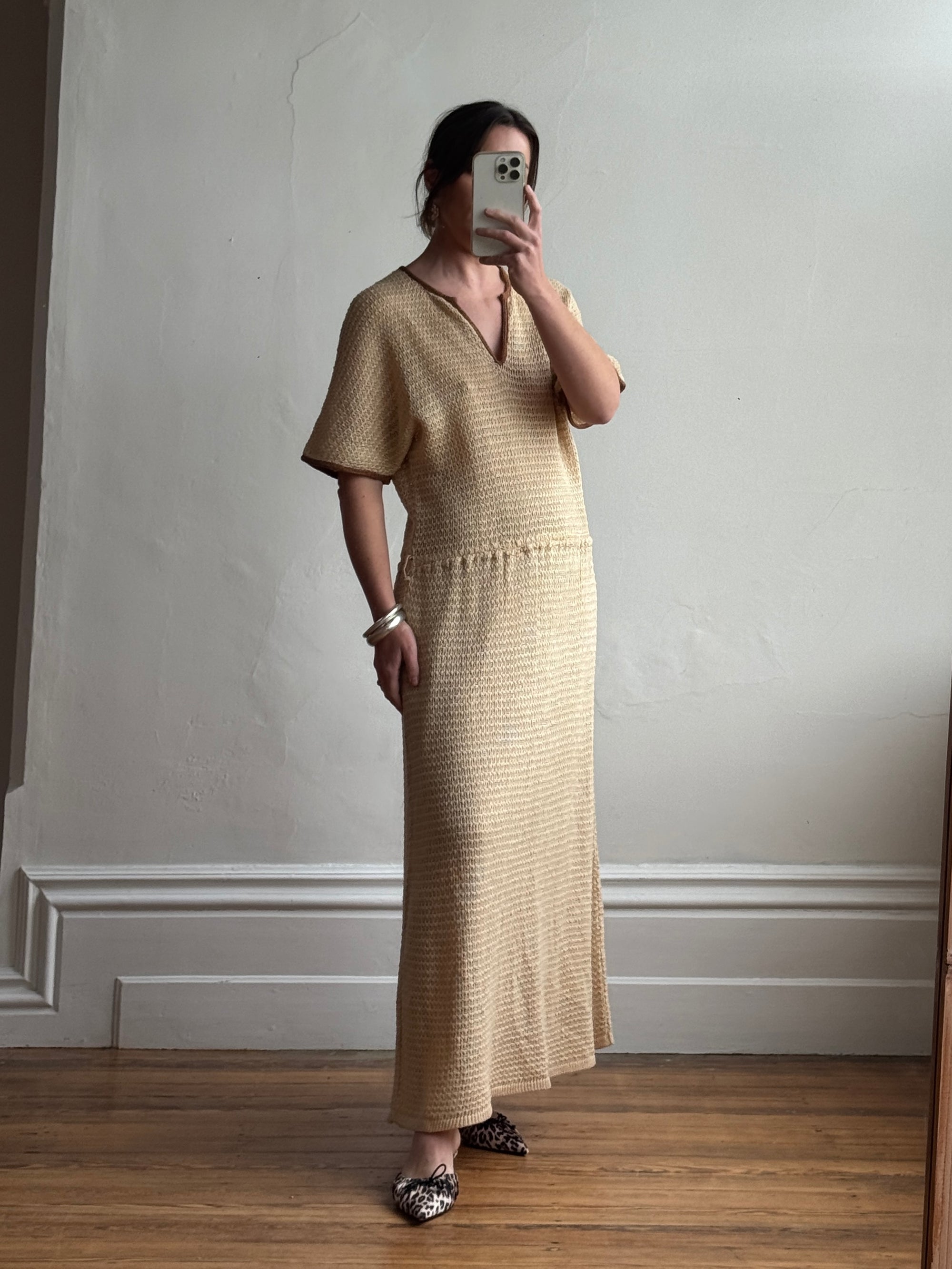 Vintage 70s Silk Blend Crochet Knit Drop Waist Maxi Dress