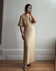 Vintage 70s Silk Blend Crochet Knit Drop Waist Maxi Dress