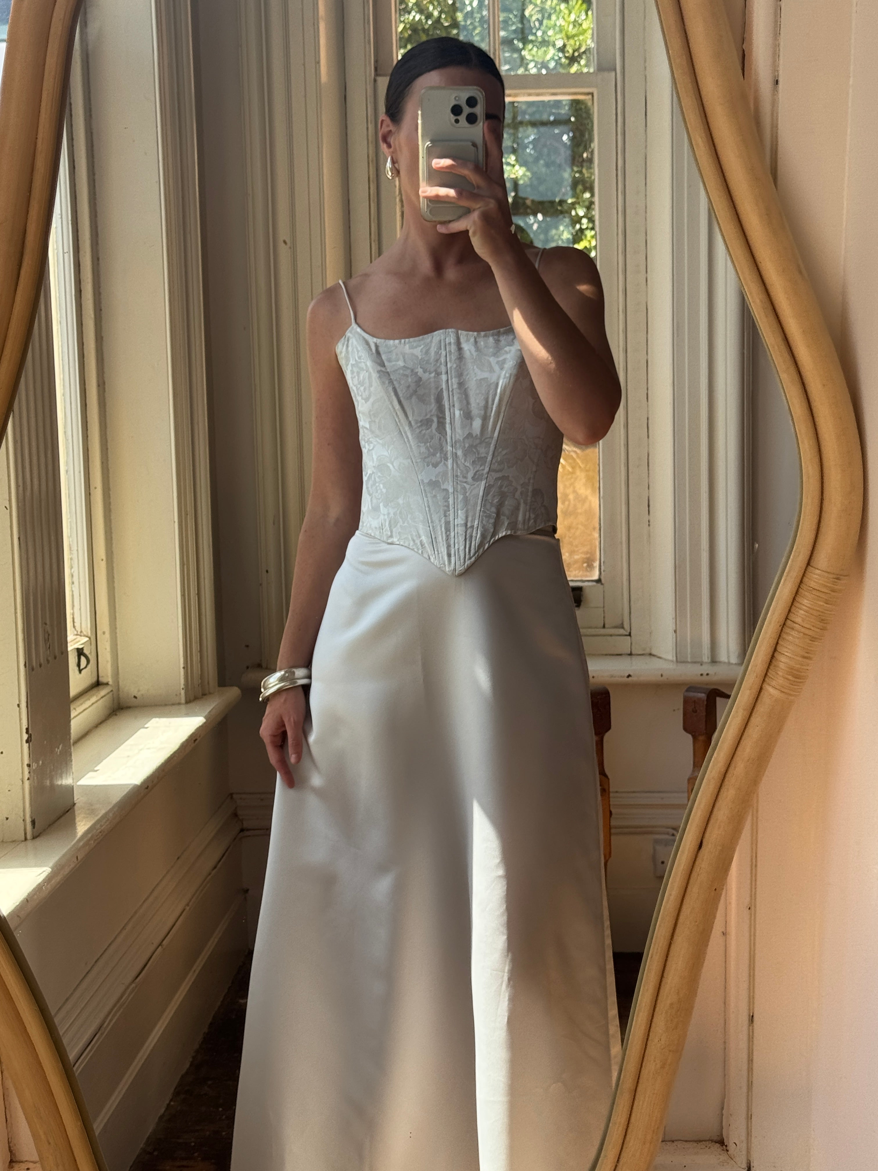 Vintage 90s Ice Blue Satin Jacquard Corset and Skirt Set