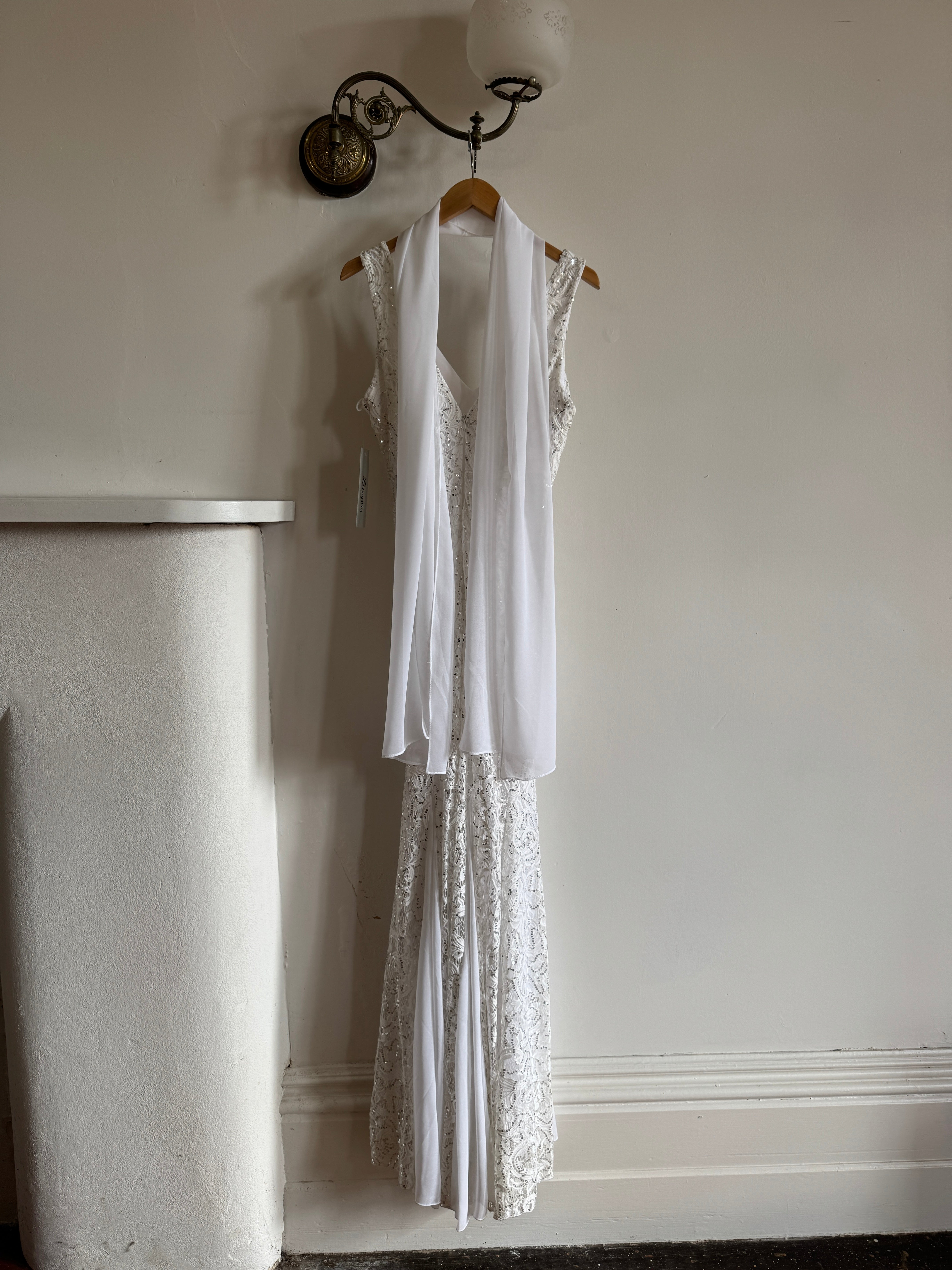 Vintage 90s Silver Sequin Fairy Wedding Dress With Scarf