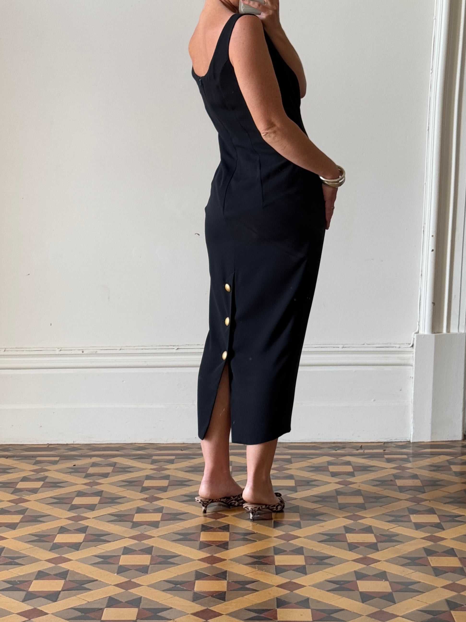Vintage 90s Crepe Midi Dress With Gold Buttons Call Me The Breeze Vintage 90s Crepe Midi Dress With Gold Buttons Call Me The Breeze