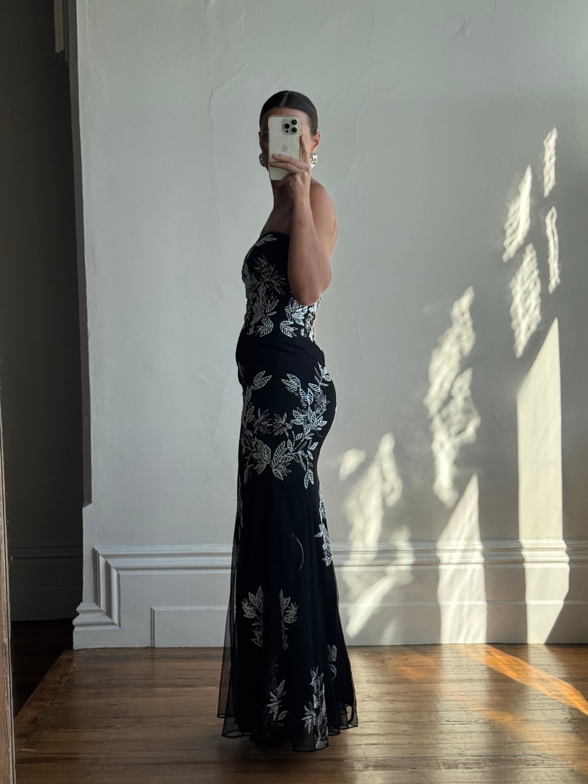 Vintage 90s Embroidered Net Strapless Dress Noir and White