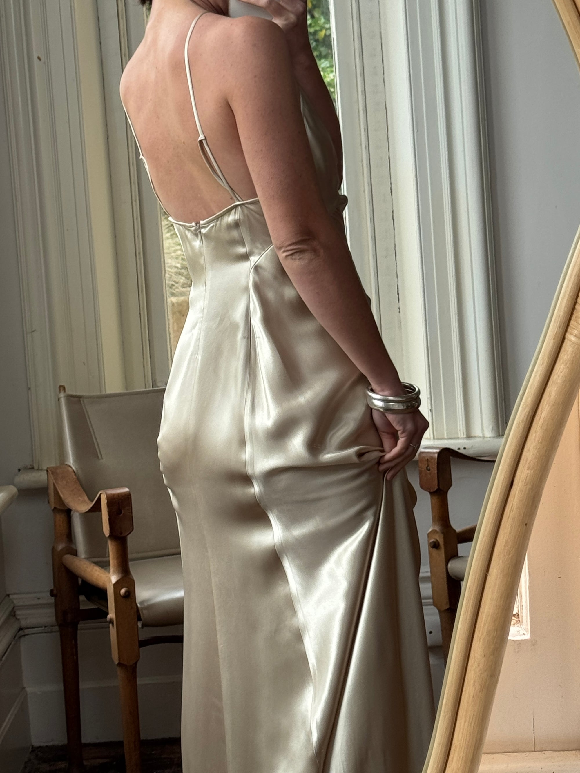 Vintage 90s Plein Sud Champagne Satin Halter Gown