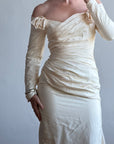 Vintage 90s Silk Rosette Off Shoulder Gown With Bow Train