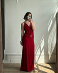 Vintage 90s Flame Red Ruffle Evening Dress with Rhinestone Belt