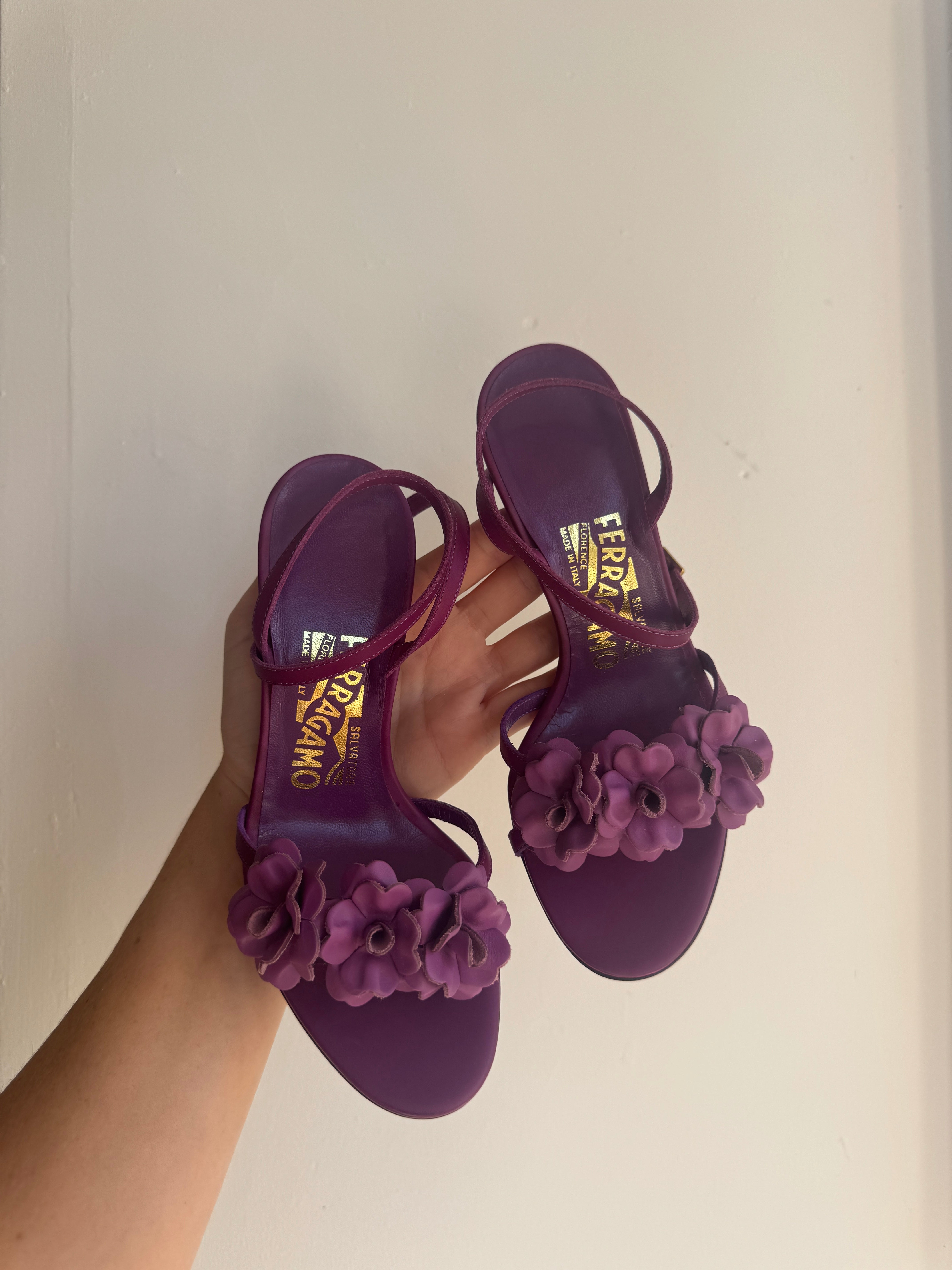 Vintage 90s Ferragamo Strappy Flower Heels Grape