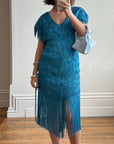 Vintage 80s Fringe Party Dress Ocean Blue