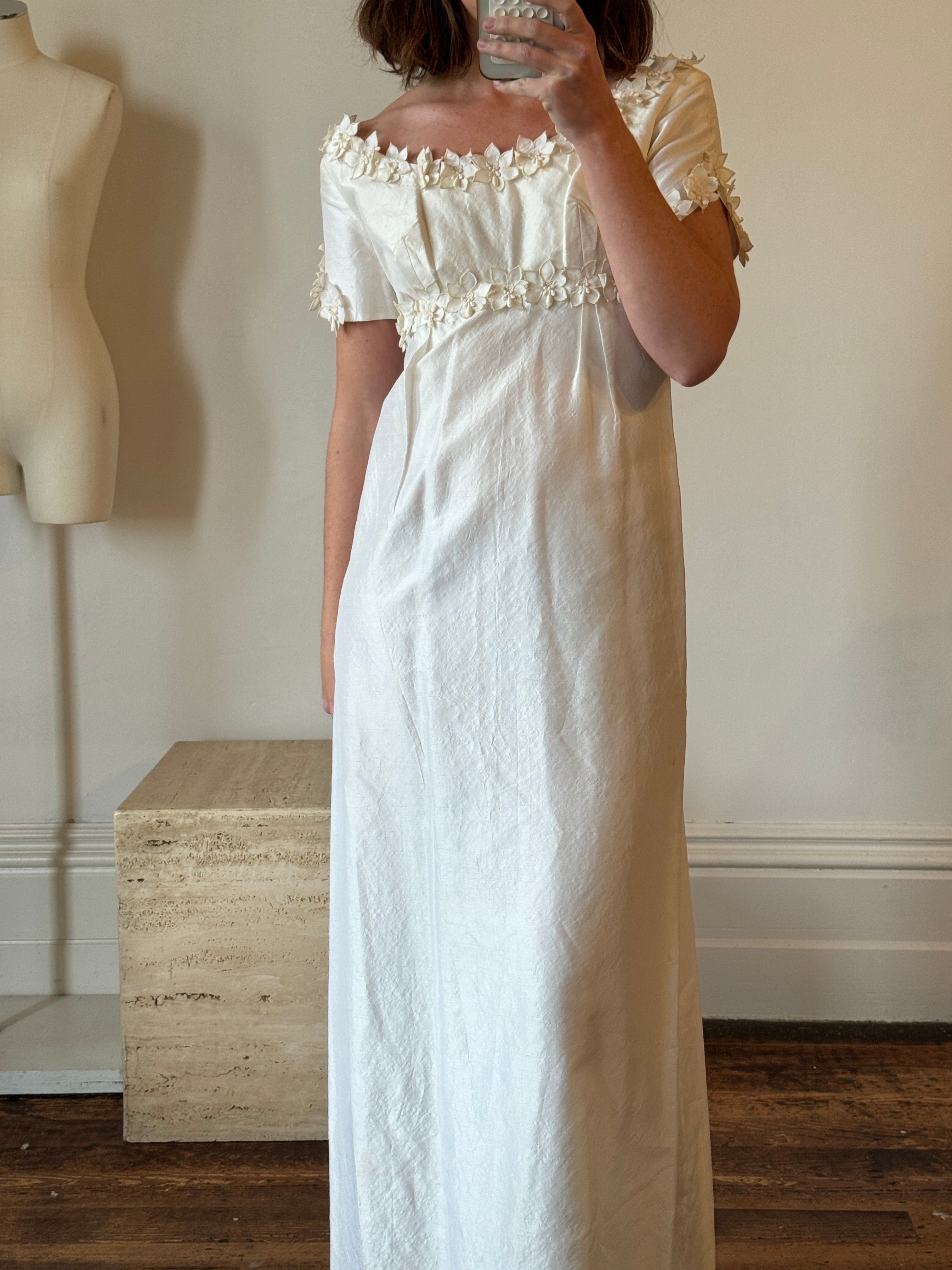 Vintage Pure Raw Silk Empire Bridal Dress With Floral Applique