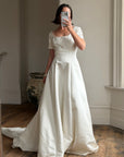 Vintage 90s Cherry Blossom Satin Short Sleeved Bridal Gown