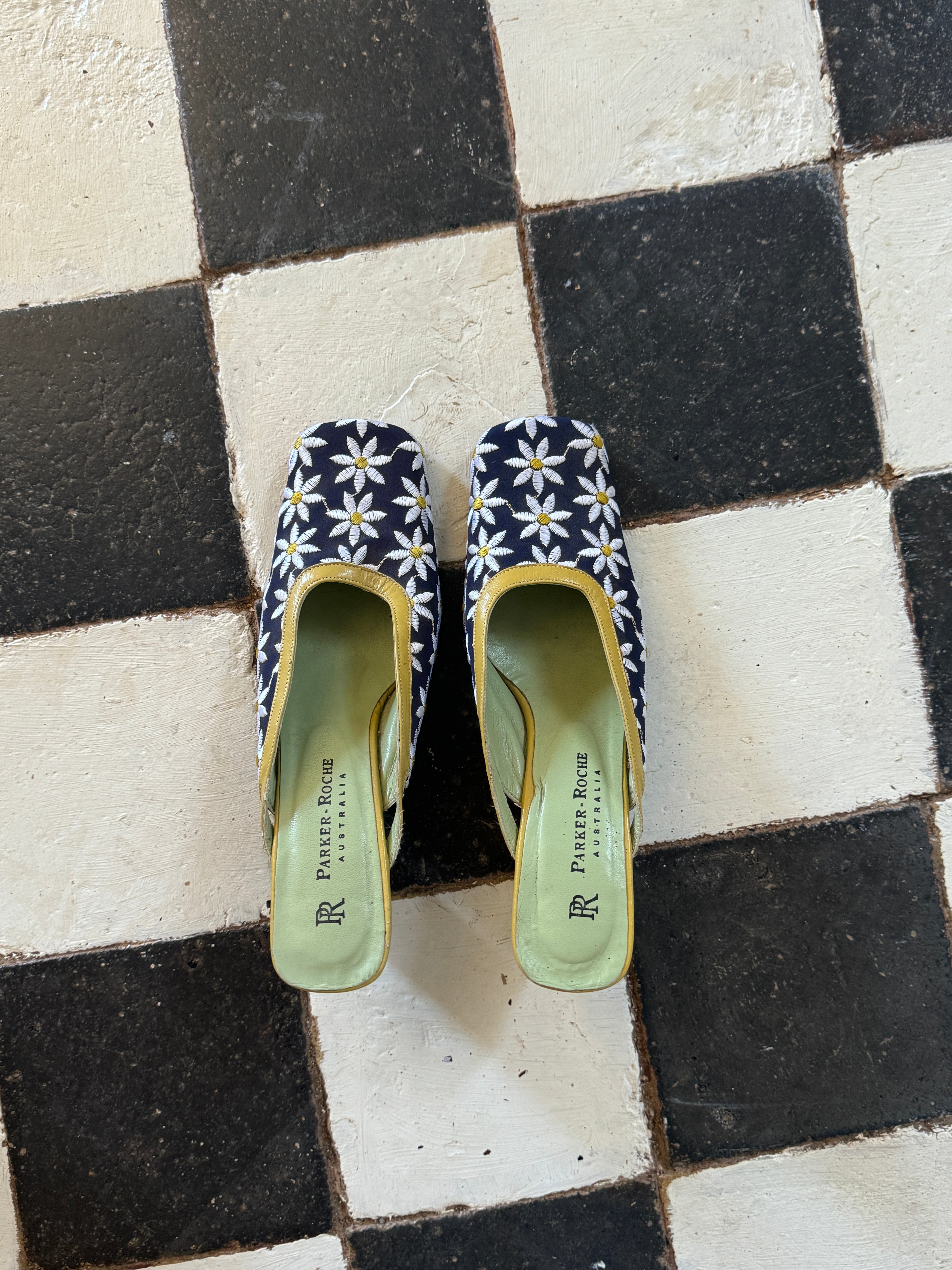 Vintage Y2K Leather Square Toe Daisy Mules