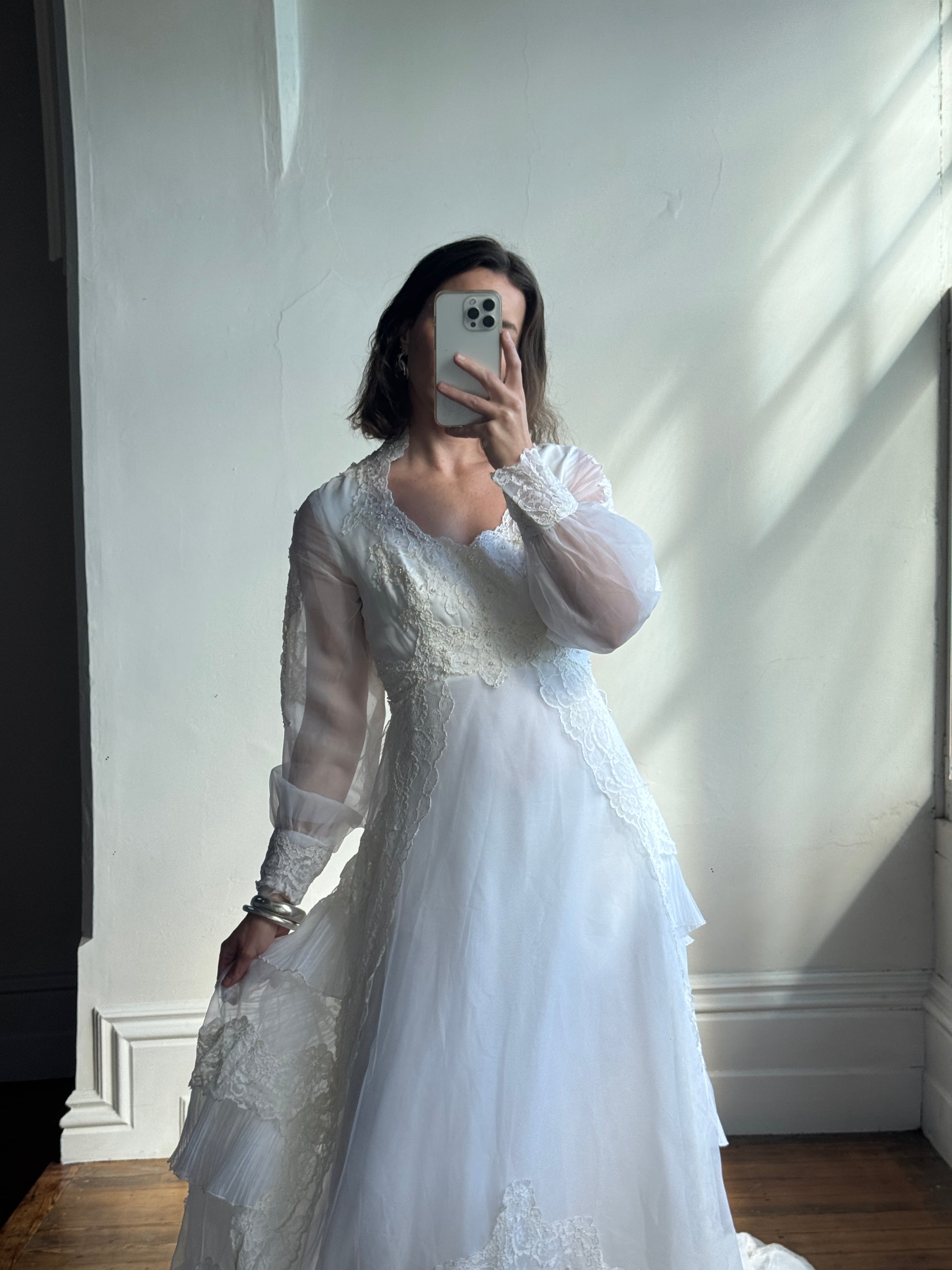 Vintage 60s Lace Wedding Dress With Pleated Ruffle Train
