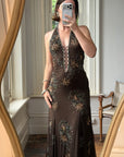 Vintage 90s Pure Silk Beaded Lace Up Dress Chocolate