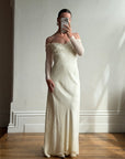 Vintage 90s Pure Silk Chiffon Empire Bow Off Shoulder Wedding Dress