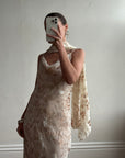 Vintage 90s Bias Cut Cowl Neck Nude Burnt Velvet with Scarf