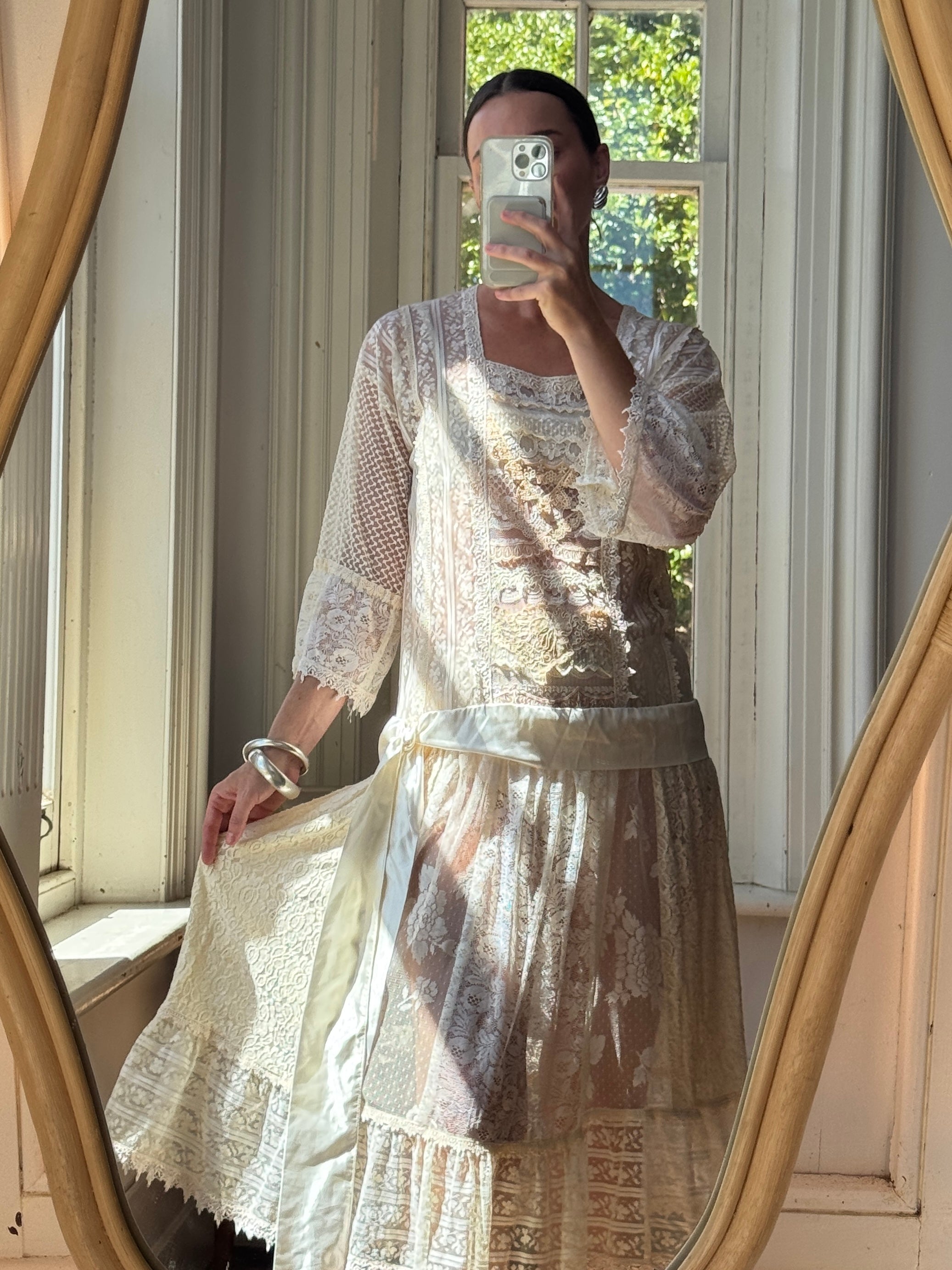 Vintage 80s Drop Waist Patchwork Lace Sheer Wedding Dress
