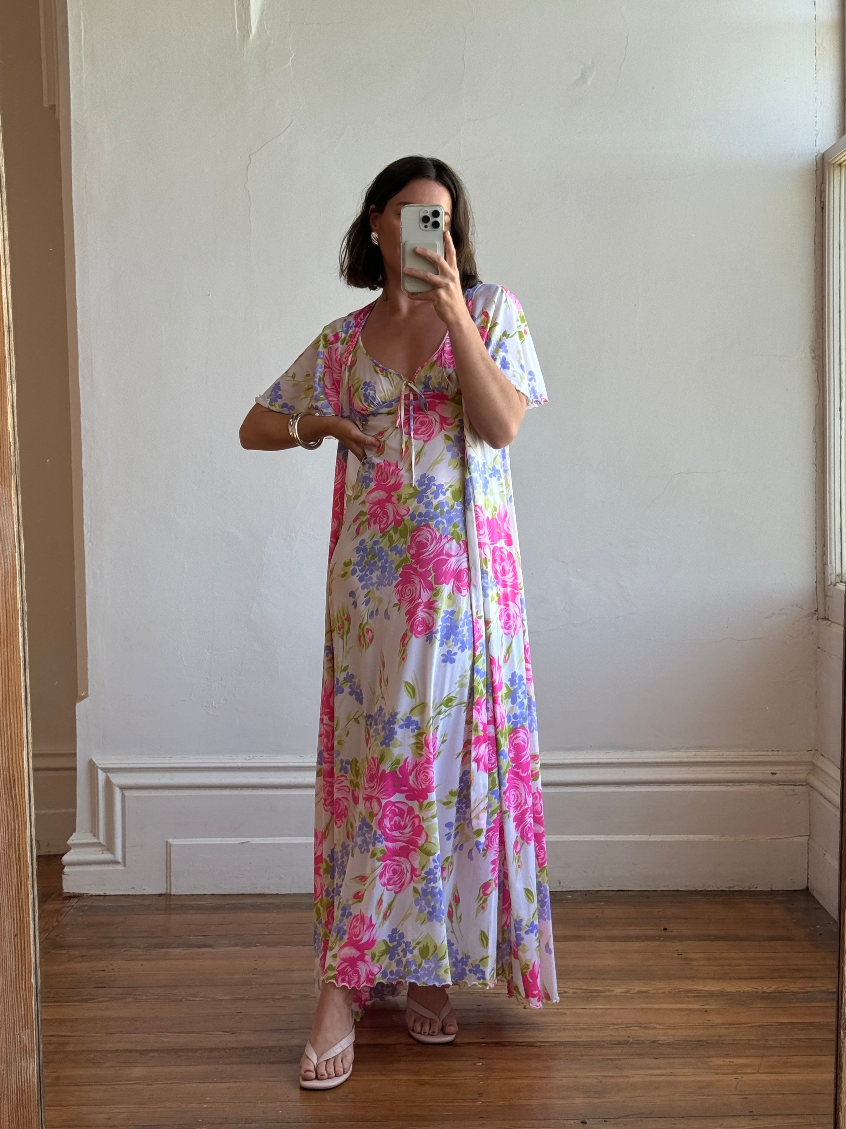 Vintage 70s Pink Floral Slip and Wrap Dress Set