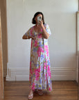 Vintage 70s Pink Floral Slip and Wrap Dress Set