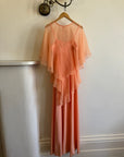 Vintage 70s Apricot Maxi Dress with Sheer Cape