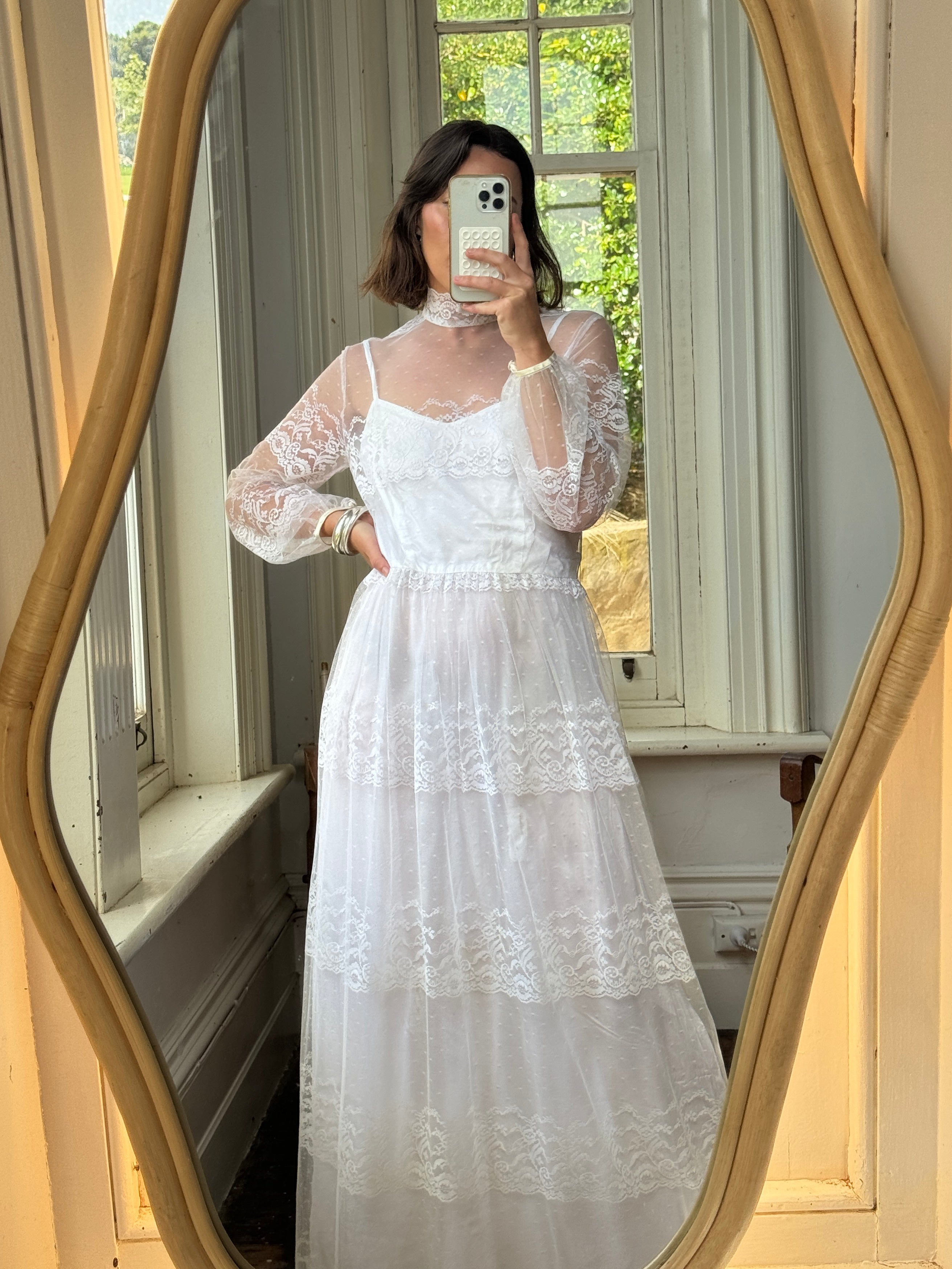 Vintage 70s Lace Long Sleeved High Neck Wedding Dress