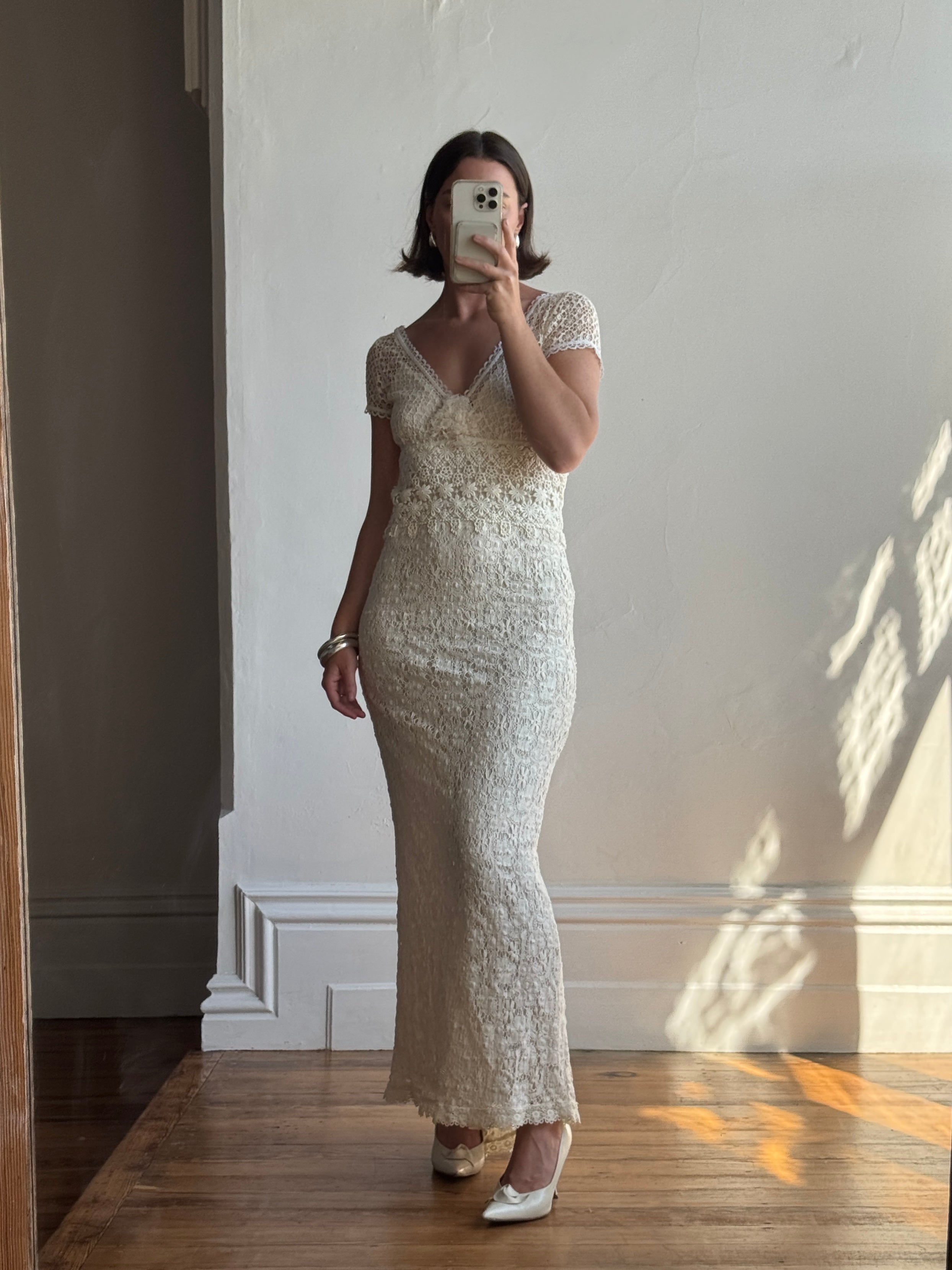 Vintage Y2K Designer Pure Silk and Cotton Crochet Wedding Dress