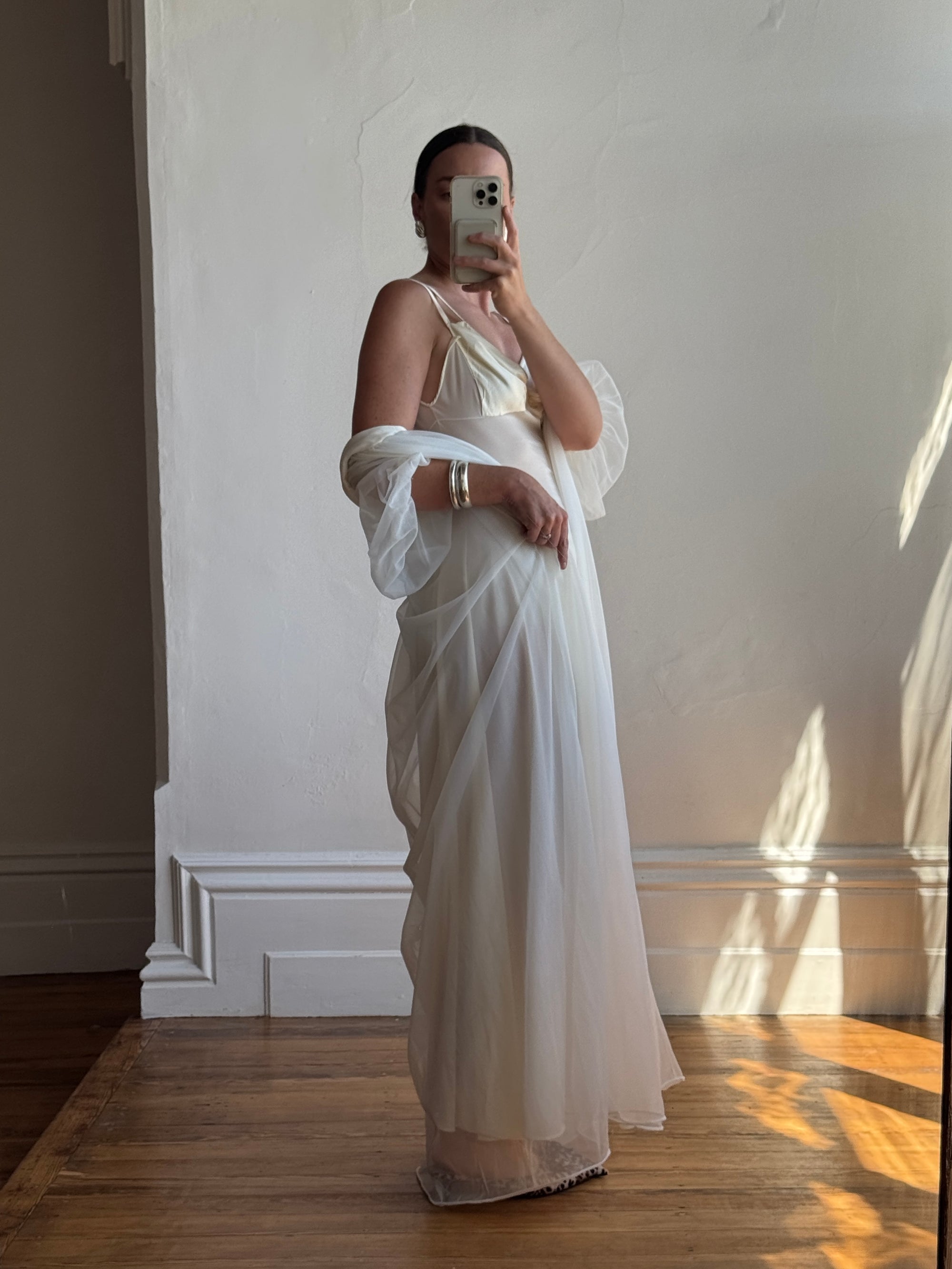 Vintage 50s Chiffon Bow Peignoir Slip Set Creme