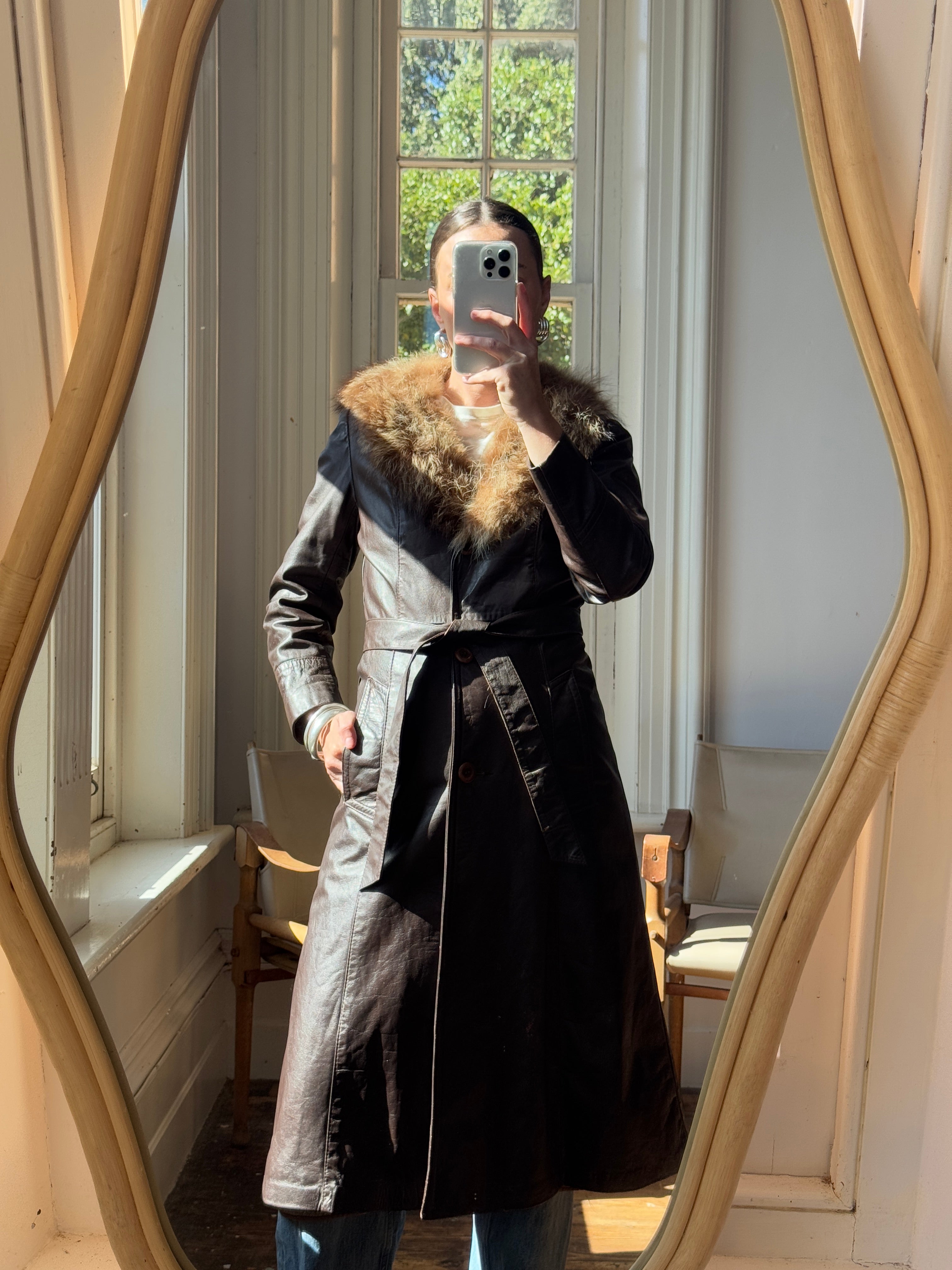 Vintage 70s Chocolate Leather Trench Coat with Fur Collar