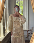 Vintage 70s Patchwork Lace Gown Creme