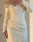 Vintage 90s Silk Rosette Off Shoulder Gown With Bow Train
