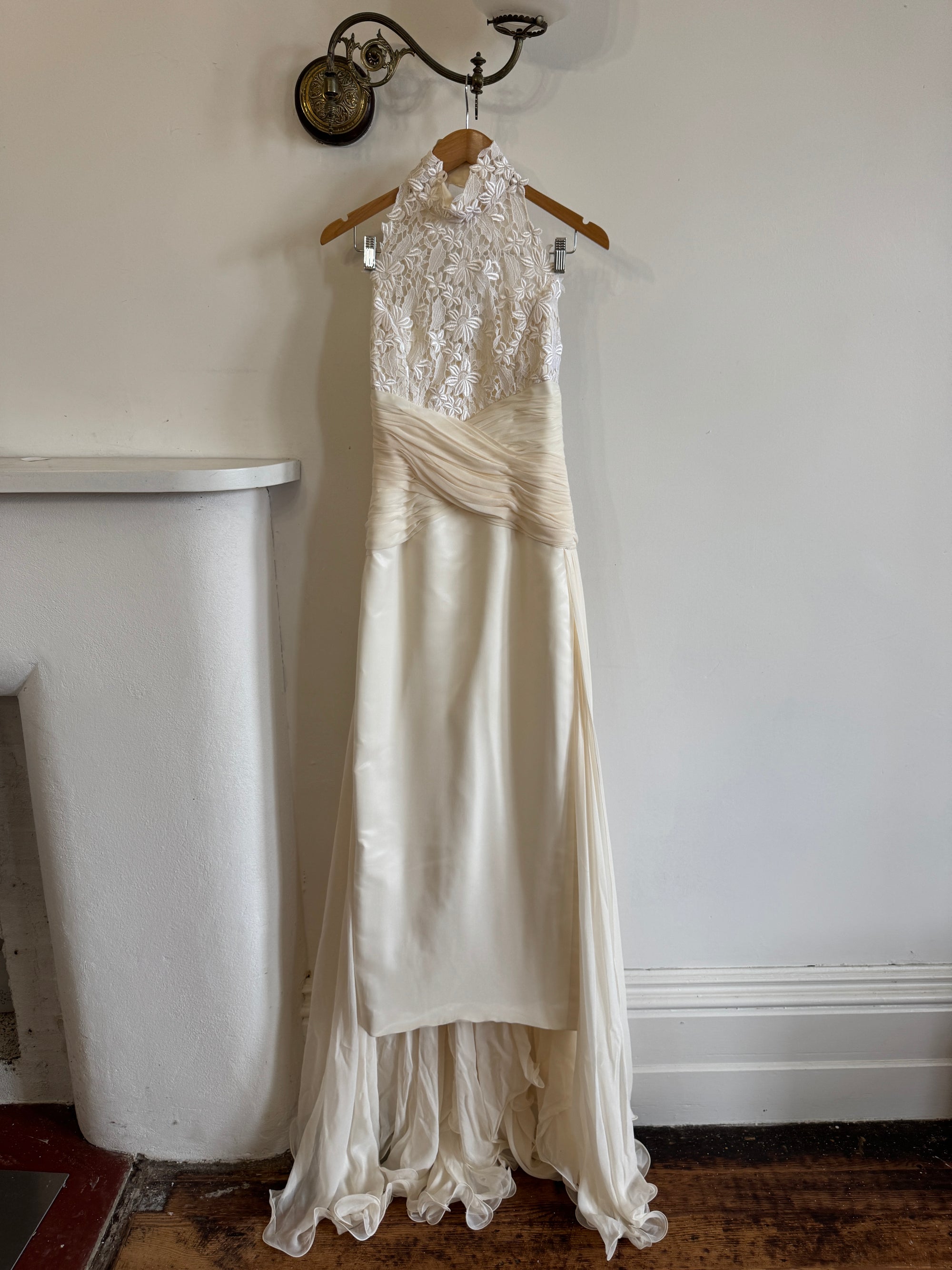 Vintage 90s High Front Lace Midi Dress with Pure Silk Train