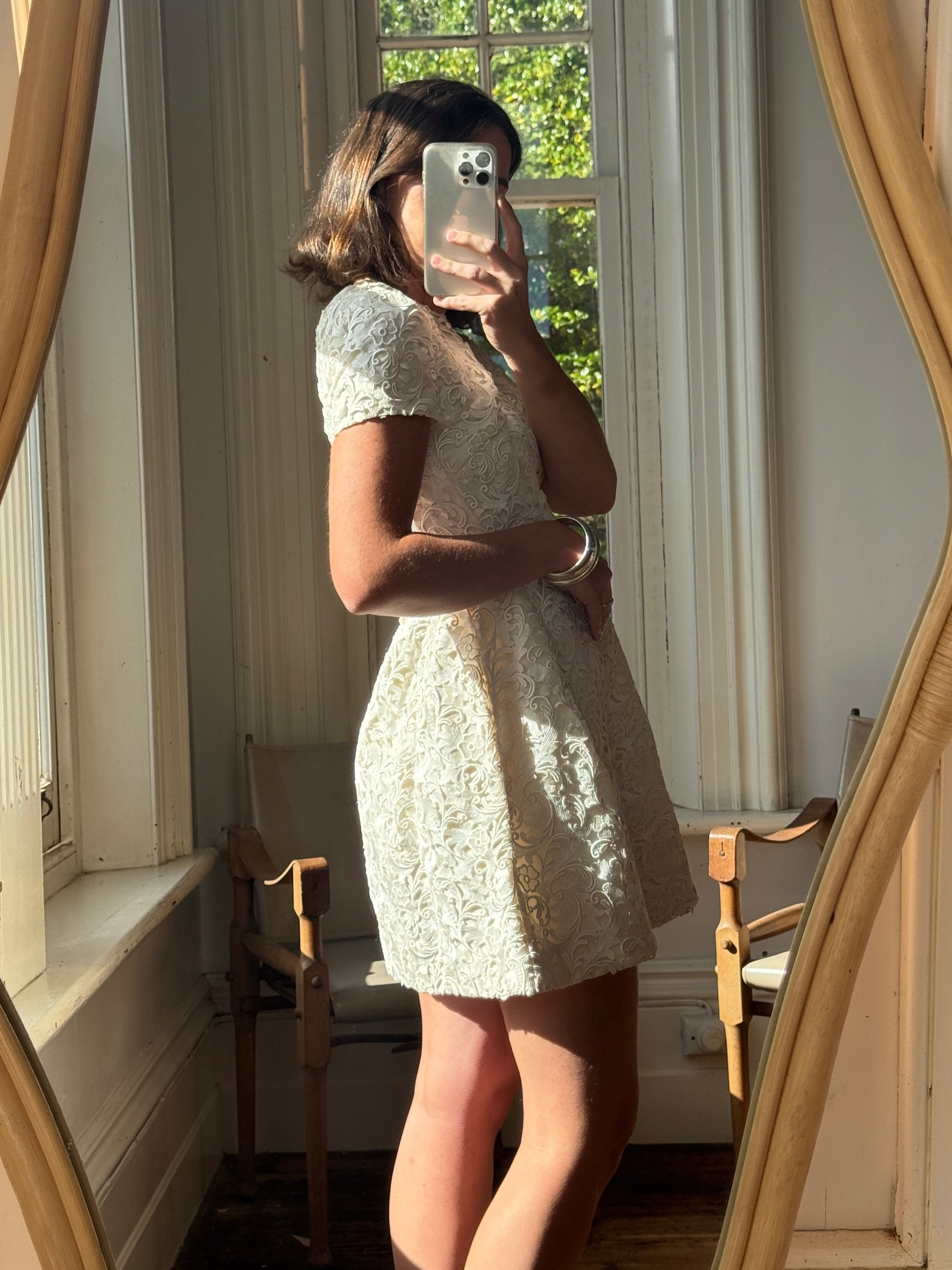 Vintage 90s Christian Dior Guipure Lace Structured Bridal Mini Creme