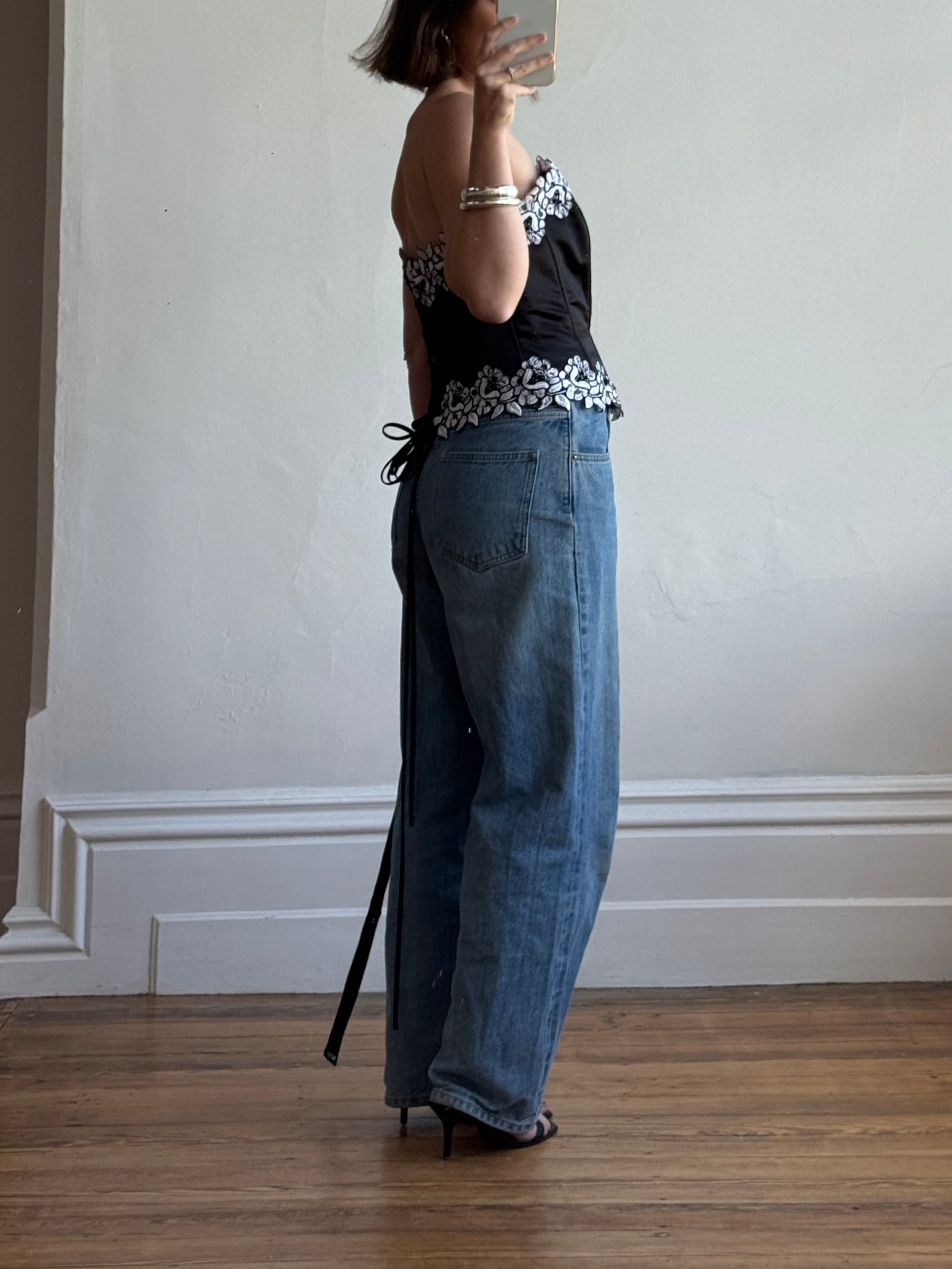 Vintage 90s Black Lace Up Corset with Contrast Flowers