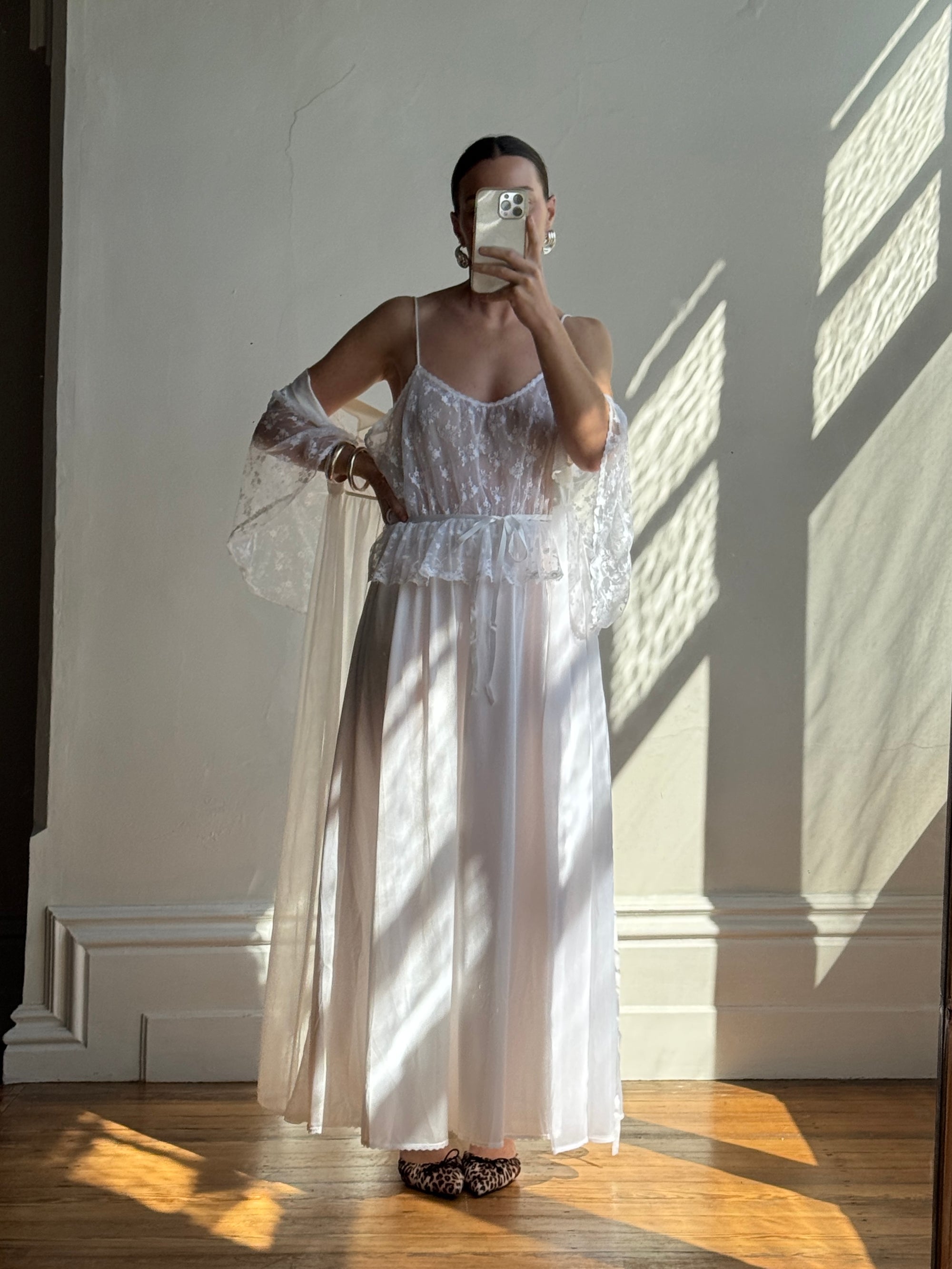 Vintage 80s Lace Peignoir and Slip Set