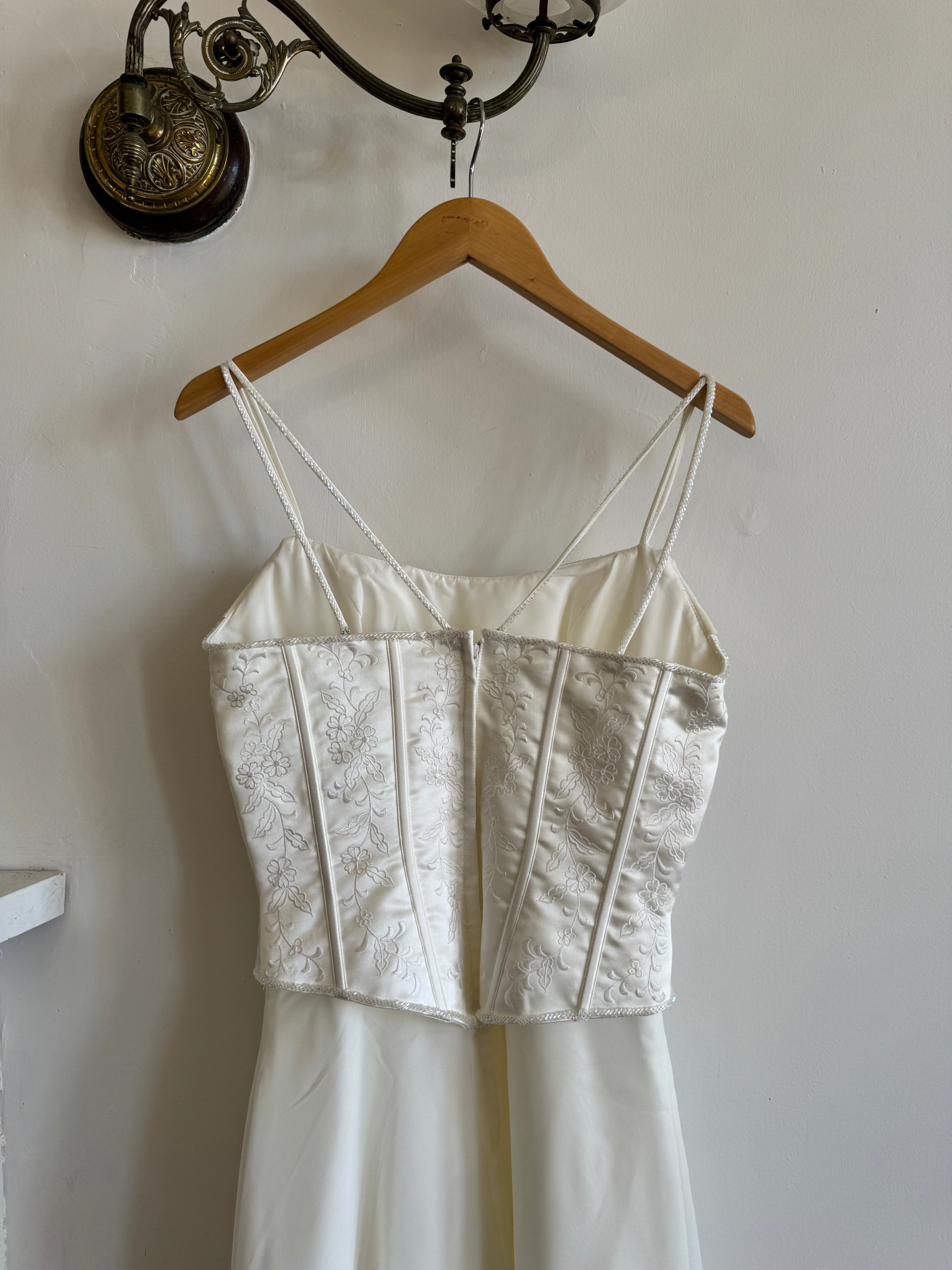 Vintage 90s Cowl Neck Jacquard Bodice Satin Wedding Dress