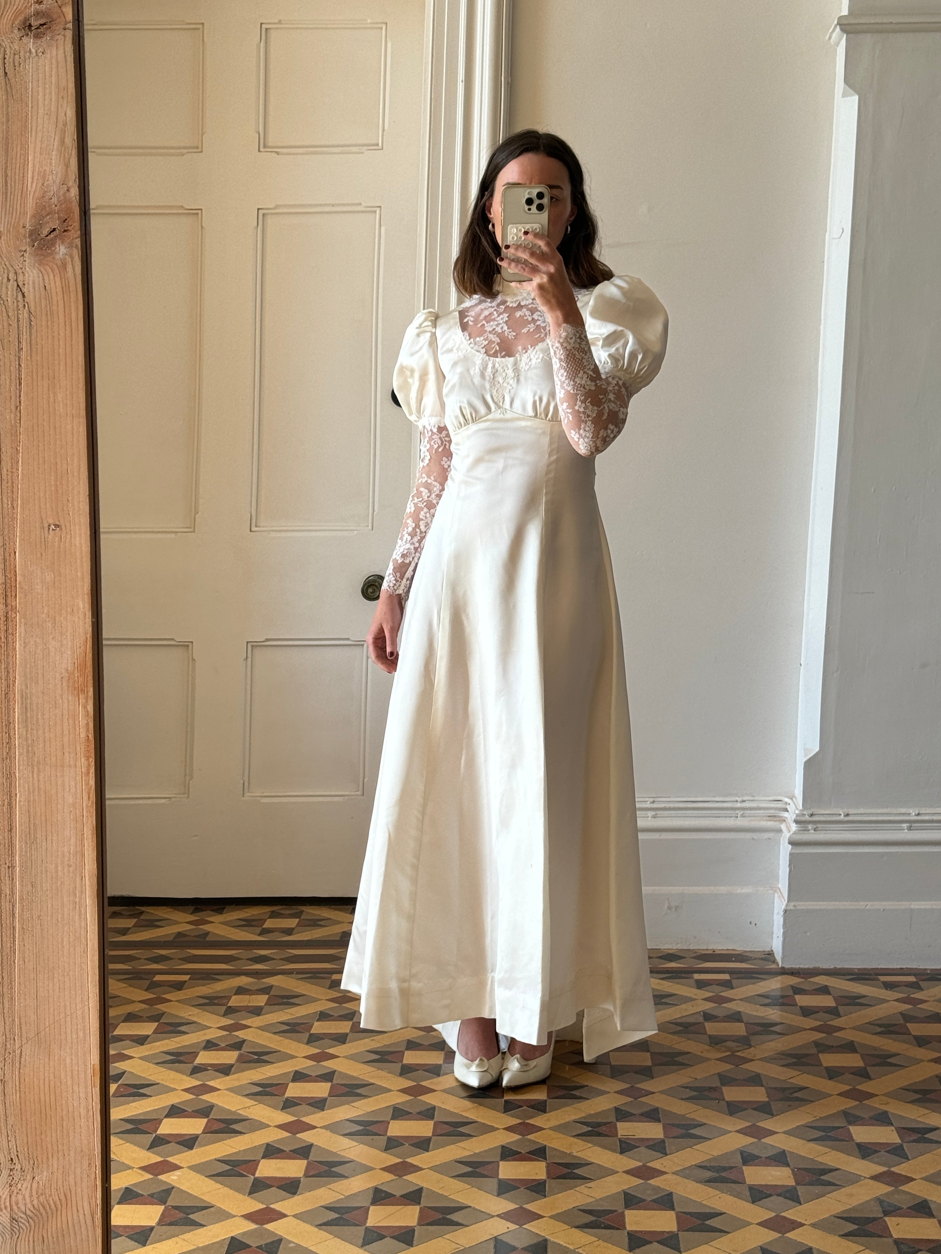 Vintage 80s Satin A-Line Wedding Gown with Puff Sleeves