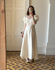 Vintage 80s Satin A-Line Wedding Gown with Puff Sleeves
