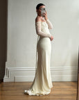Vintage 90s Pure Silk Chiffon Empire Bow Off Shoulder Wedding Dress