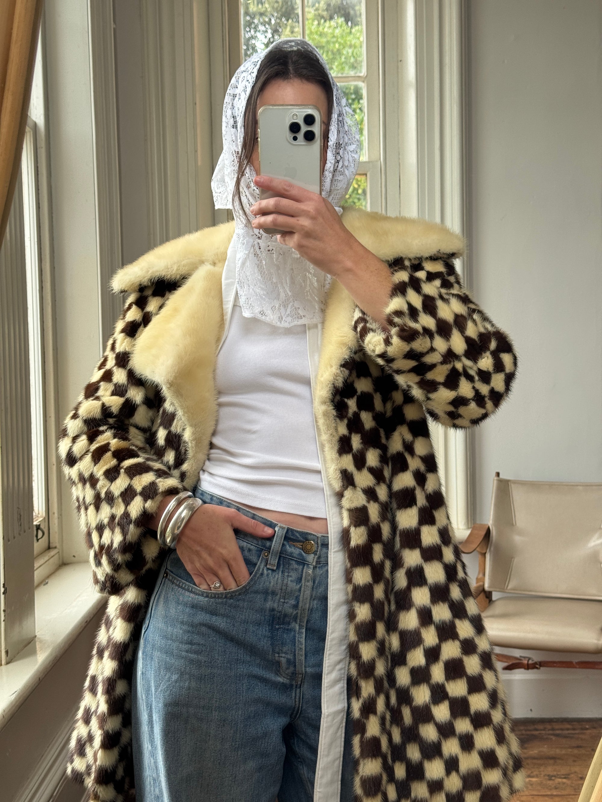 Vintage Rare 70s Mink Fur Checkerboard Coat