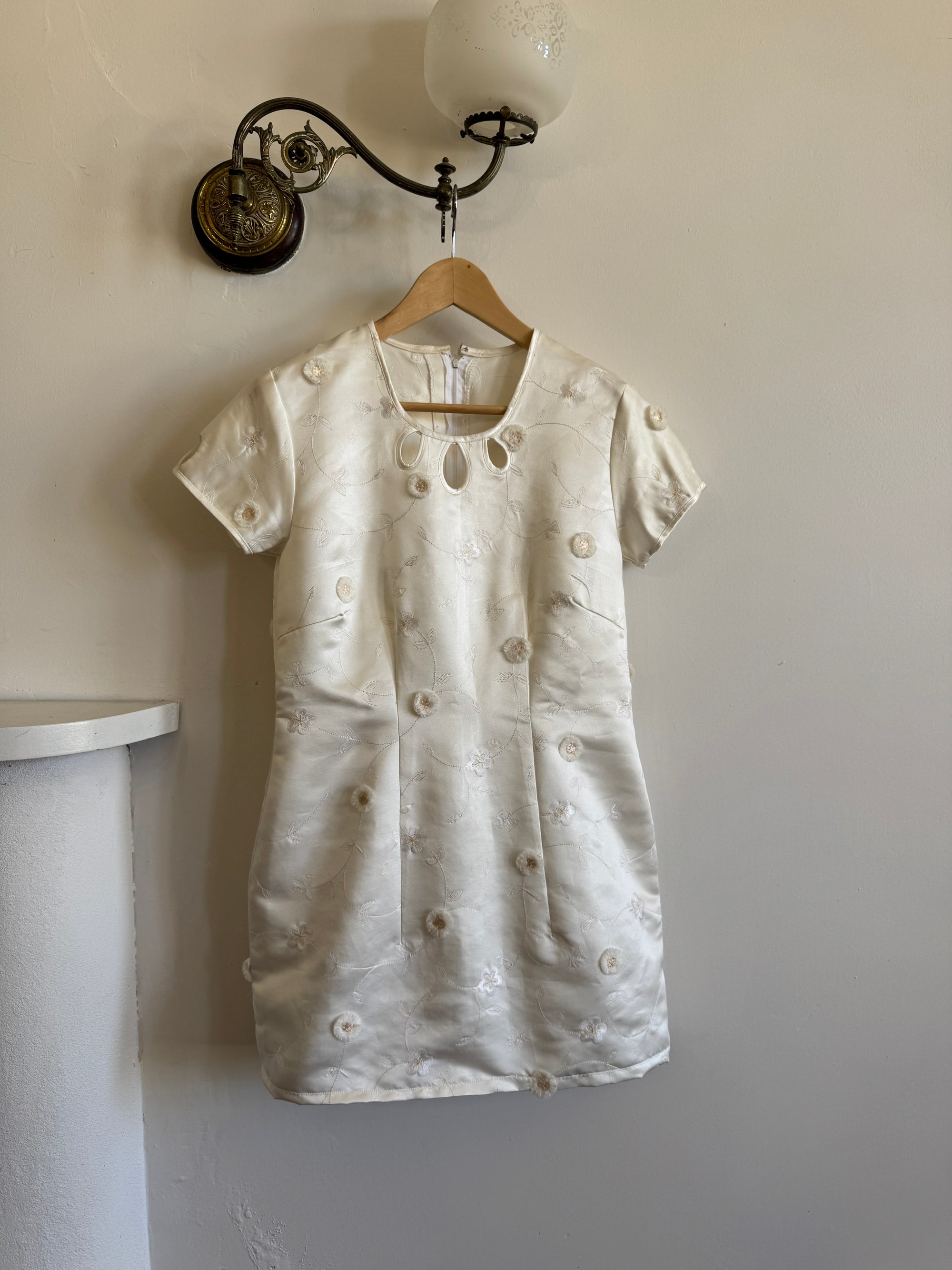 Vintage Ivory Satin Keyhole Embroidered Bridal Mini Dress