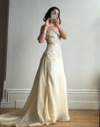 Vintage 90s Italian Nude Floral Beaded Silk Organza Wedding Gown