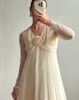 Vintage 70s Chiffon Rosette Wedding Dress Creme