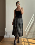 Vintage Scottish Wool Grey Plaid Pleated Midi Skirt