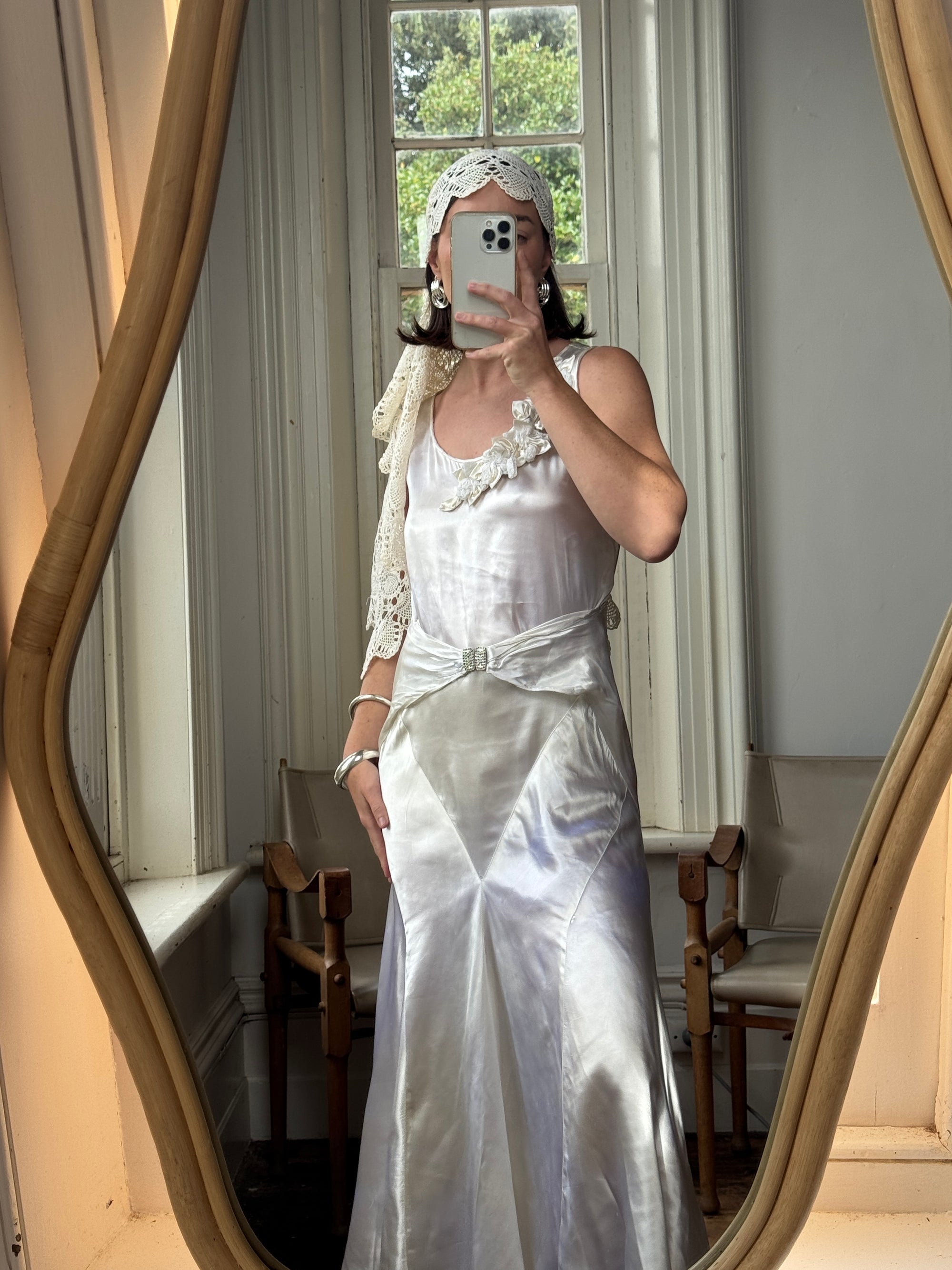 Vintage 30s Satin Bias Belted Bridal Midi