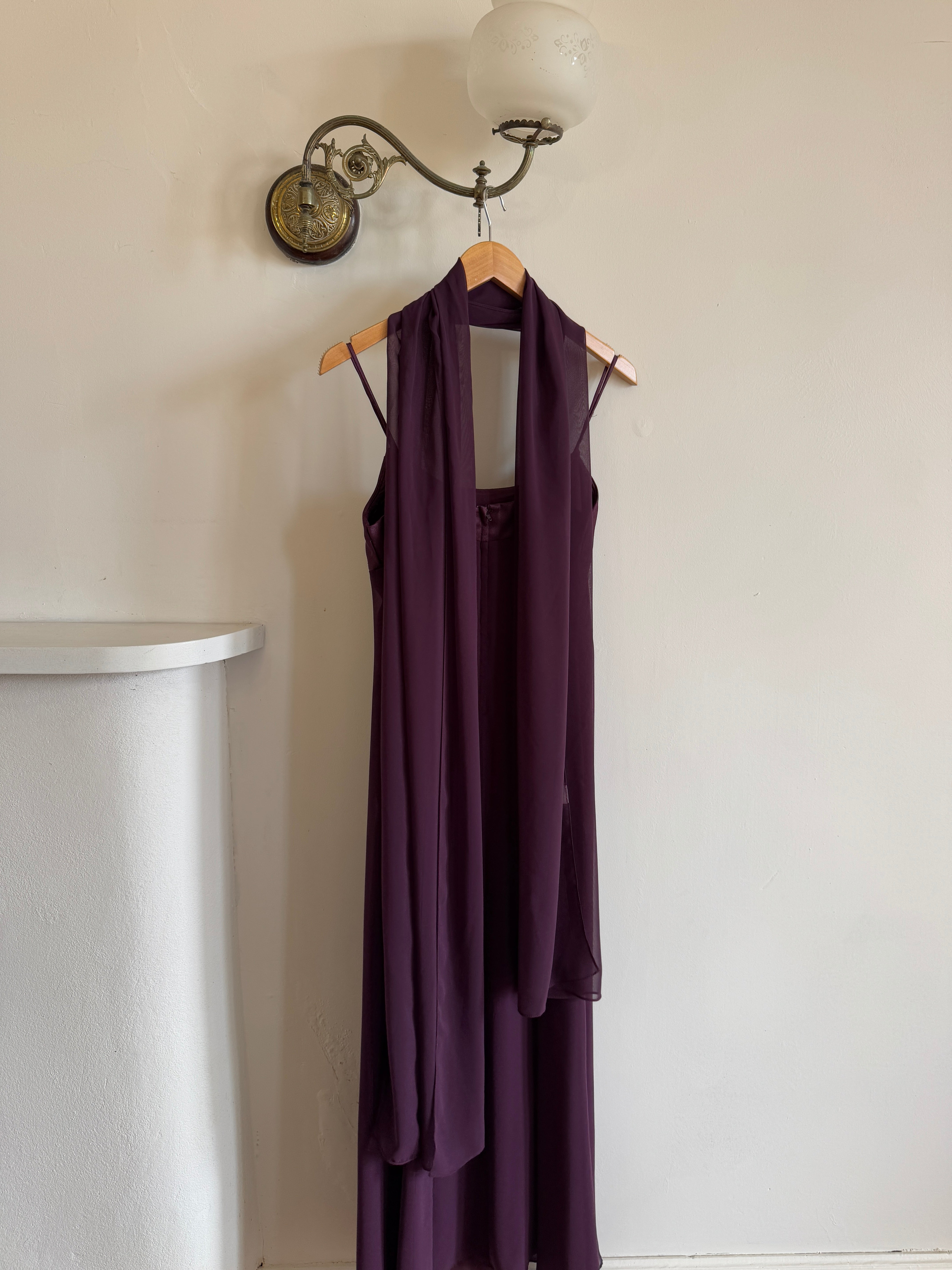 Vintage 90s Aubergine Cowl Neck Dress With Scarf