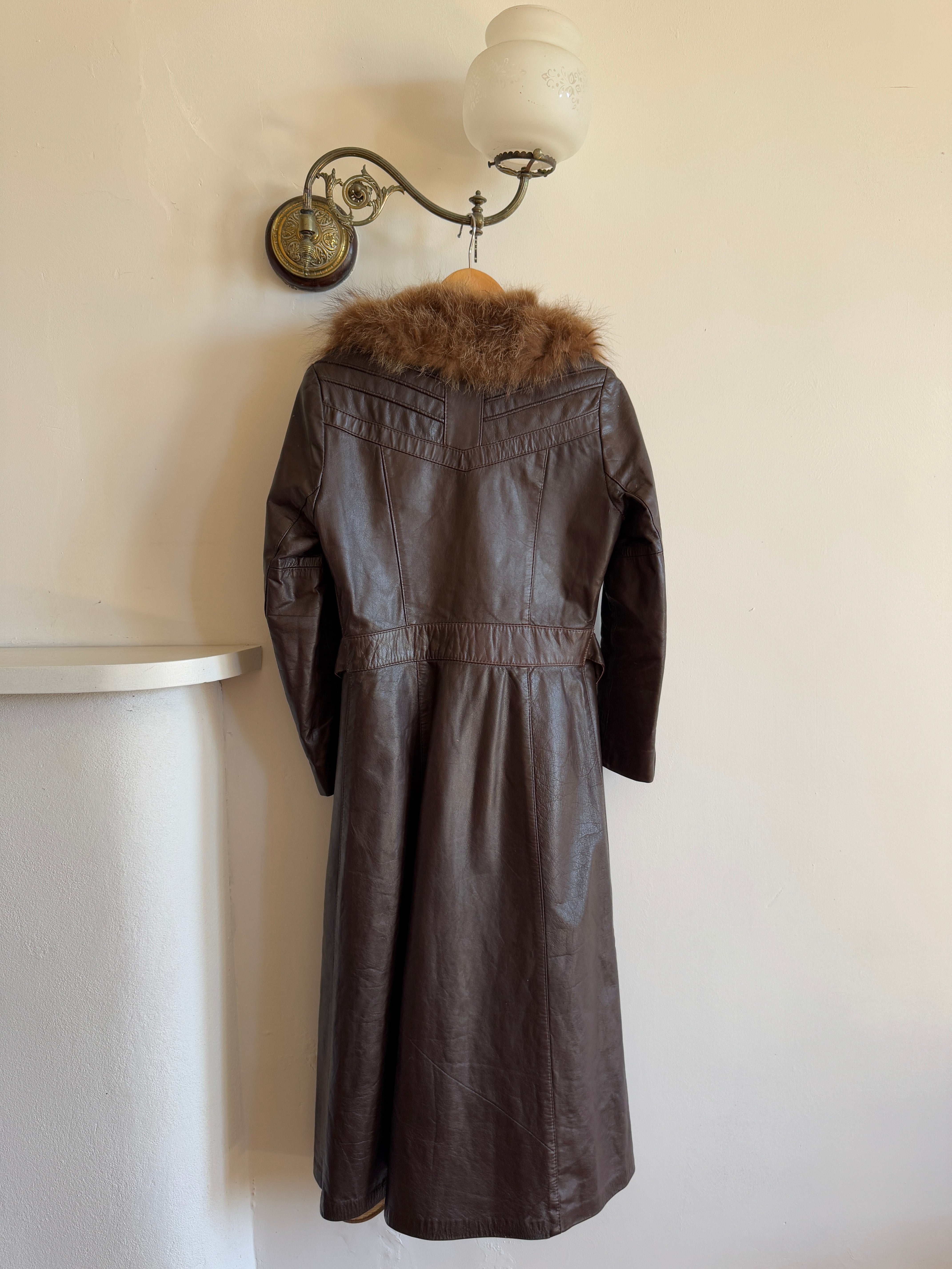 Vintage 70s Chocolate Leather Trench Coat with Fur Collar