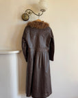 Vintage 70s Chocolate Leather Trench Coat with Fur Collar