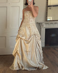 Vintage 90s Golden Embroidered Princess Strapless Gown