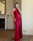 Vintage 90s Crimson Satin Ruched Bias Gown