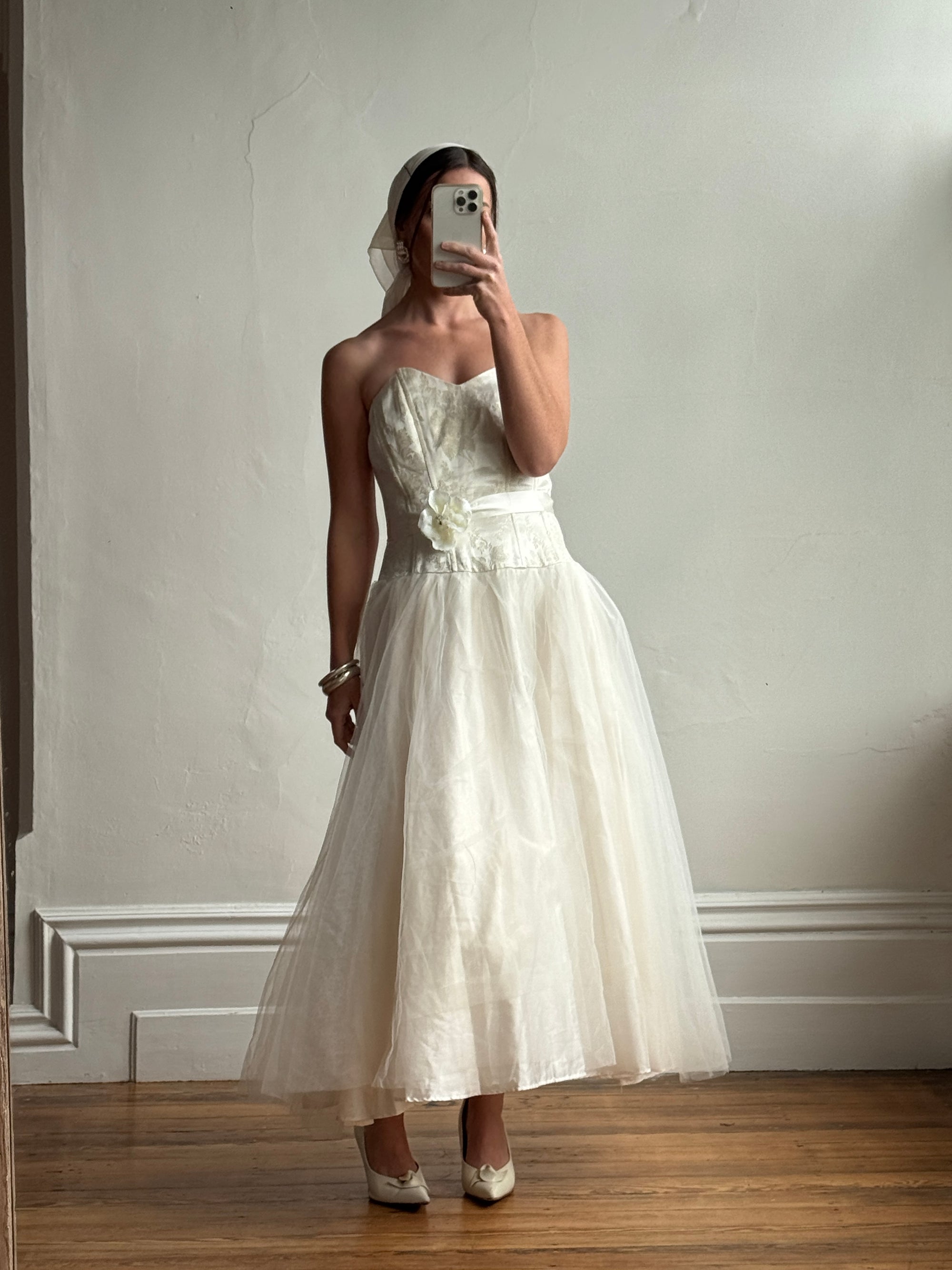 Vintage 50s Gold Brocade and Tulle Wedding Gown